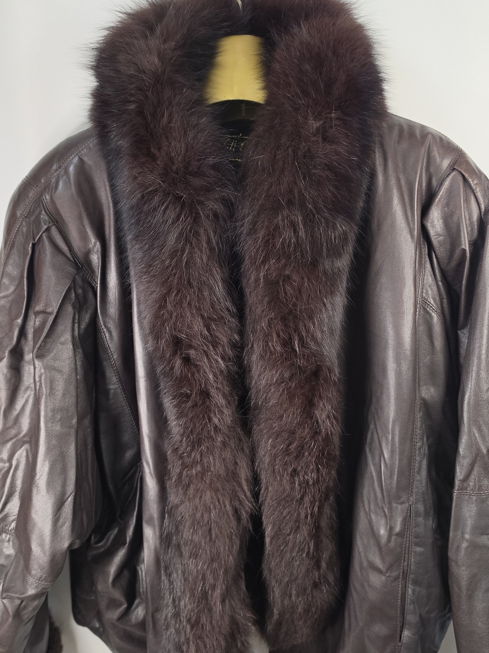 Roxciticus Vintage Brown Leather Fox Fur Trim Coat Large Jacket Hong Kong Orgin - Picture 4 of 14